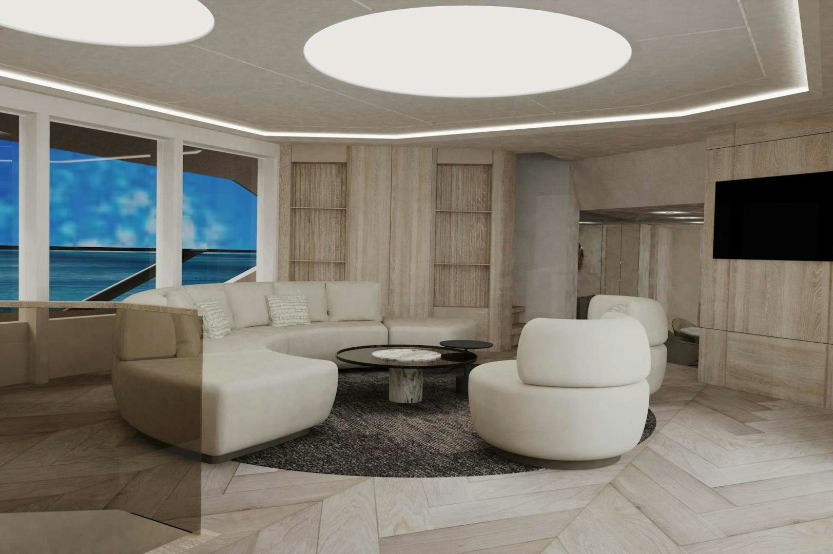 a living room with a large window aboard EVADNE ROCK XL HULL 1 Yacht for Sale