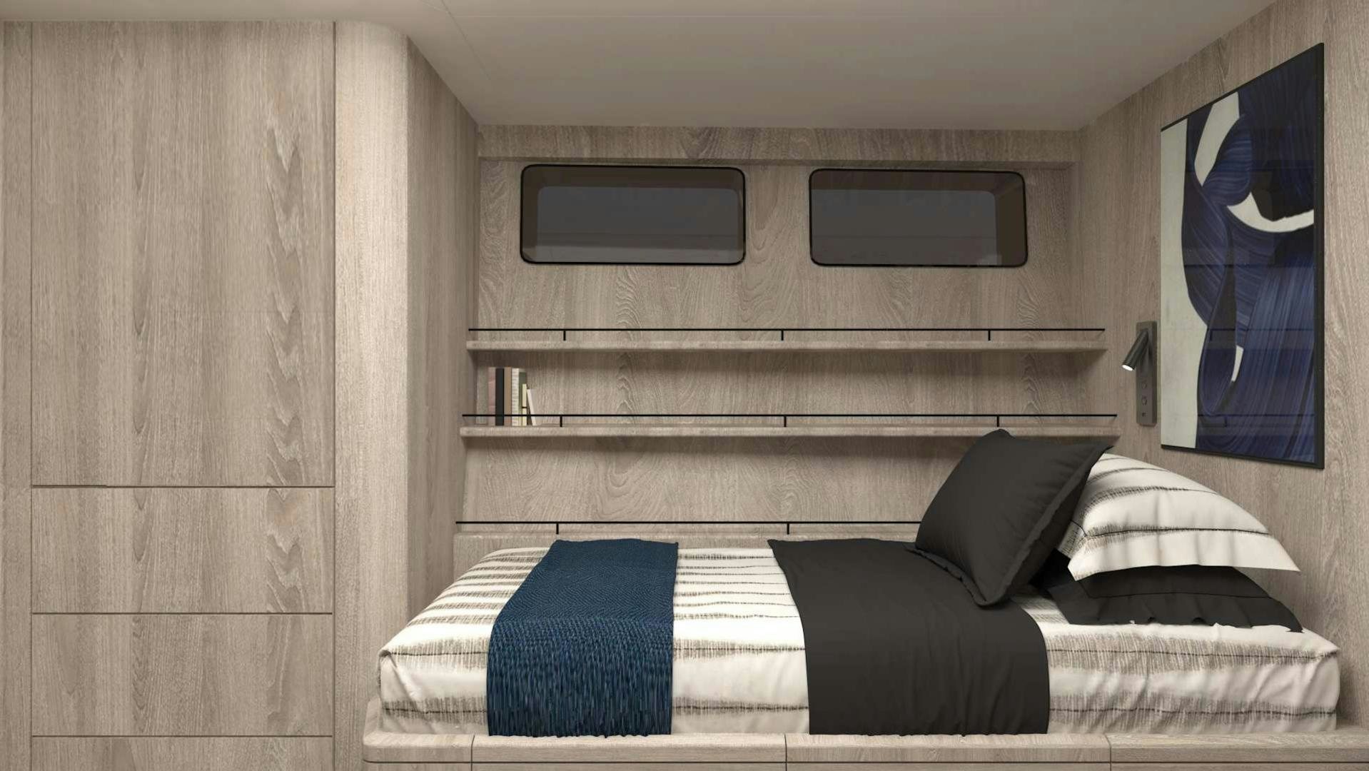 a room with a bed and a tv on the wall aboard EVADNE ROCK XL HULL 1 Yacht for Sale