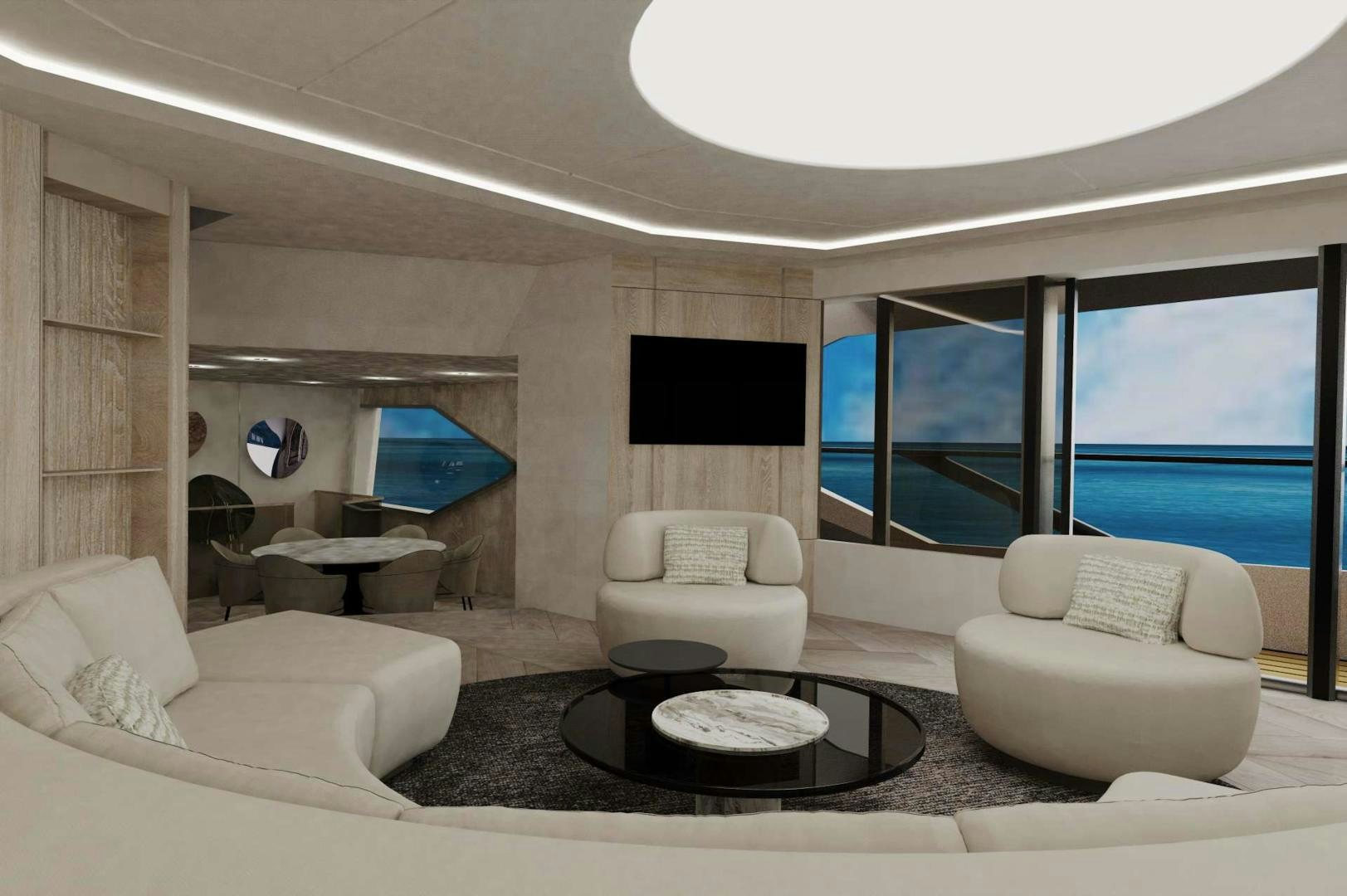 a living room with a large window aboard EVADNE ROCK XL HULL 1 Yacht for Sale