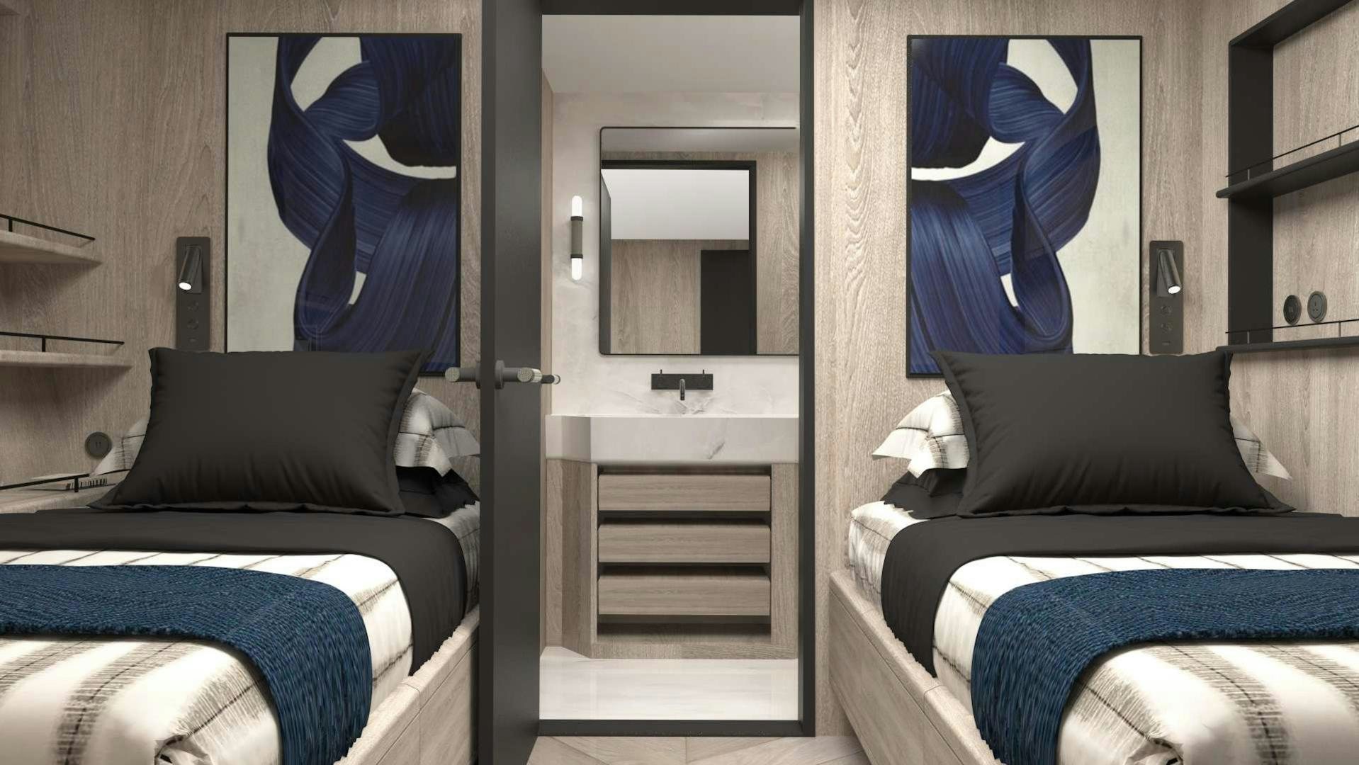 a room with two beds aboard EVADNE ROCK XL HULL 1 Yacht for Sale