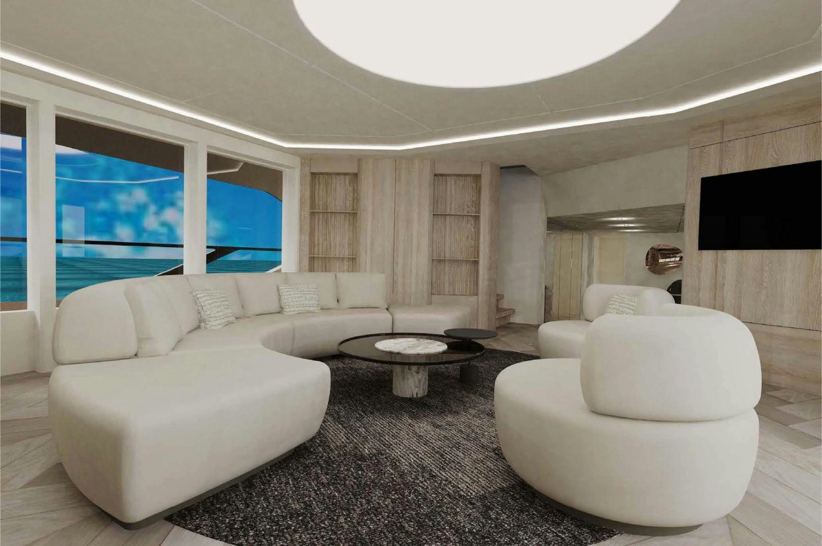 a living room with white couches aboard EVADNE ROCK XL HULL 1 Yacht for Sale