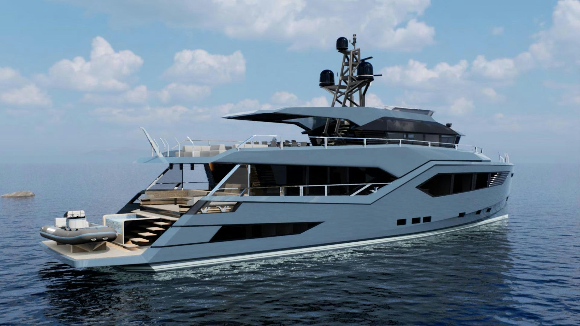a white yacht in the water aboard EVADNE ROCK XL HULL 1 Yacht for Sale