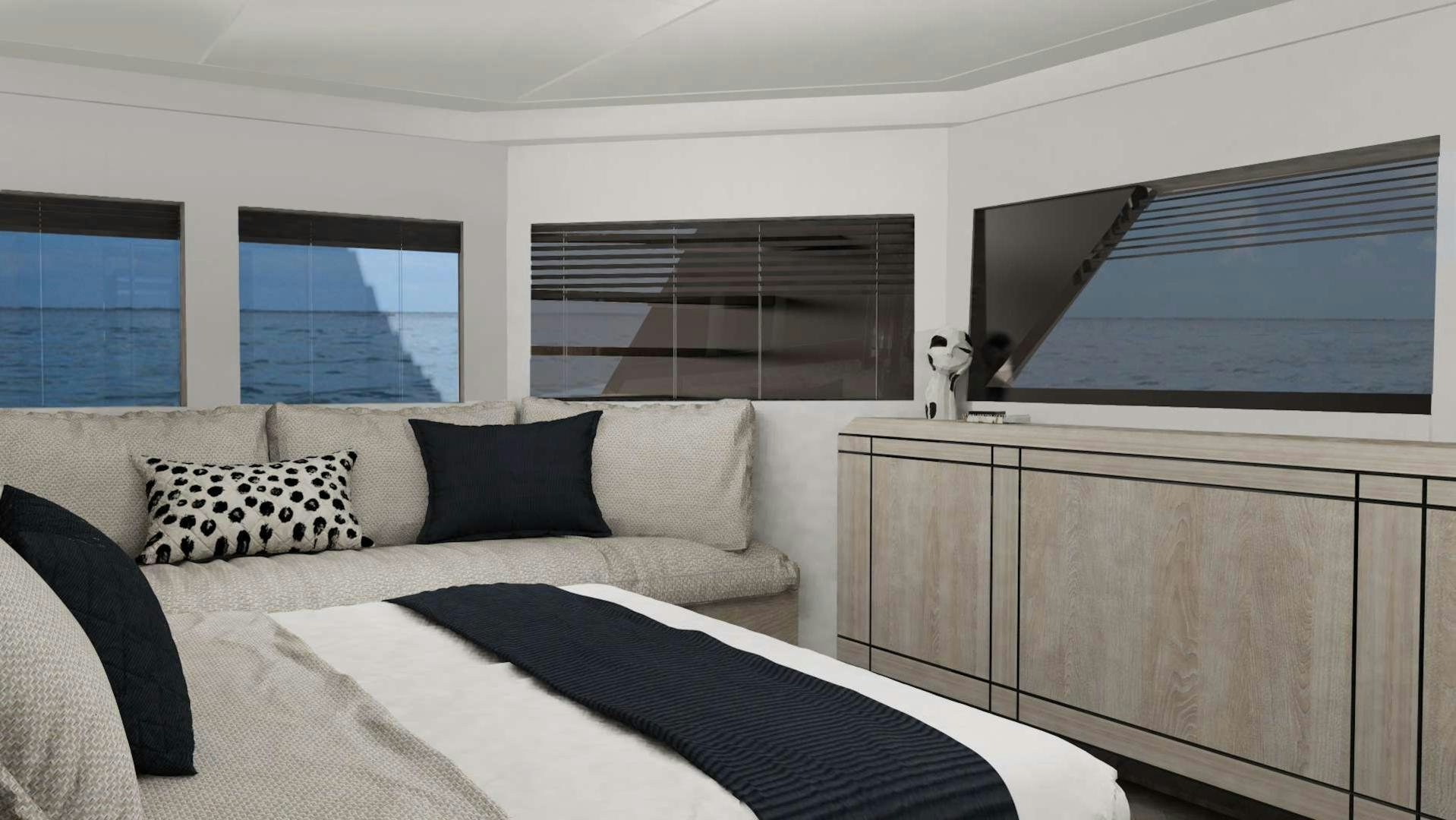a bed with a white bed spread aboard EVADNE ROCK XL HULL 1 Yacht for Sale