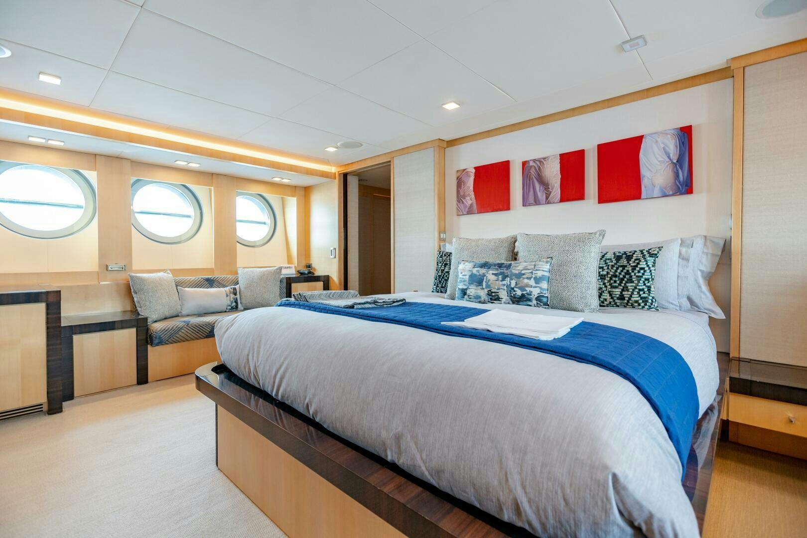 a bed in a room aboard KJOS Yacht for Sale