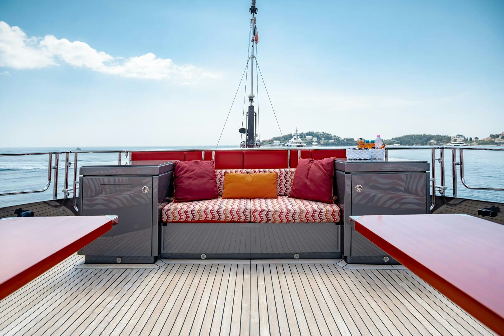 a couch on a boat aboard KJOS Yacht for Sale