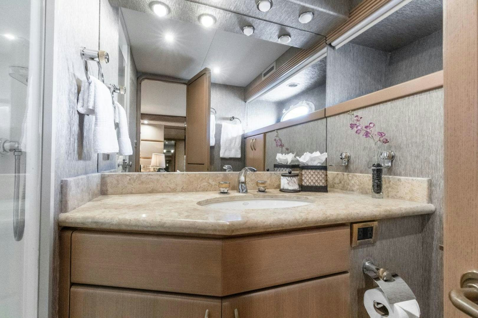 a bathroom with a large countertop aboard CHECKERED PAST Yacht for Sale