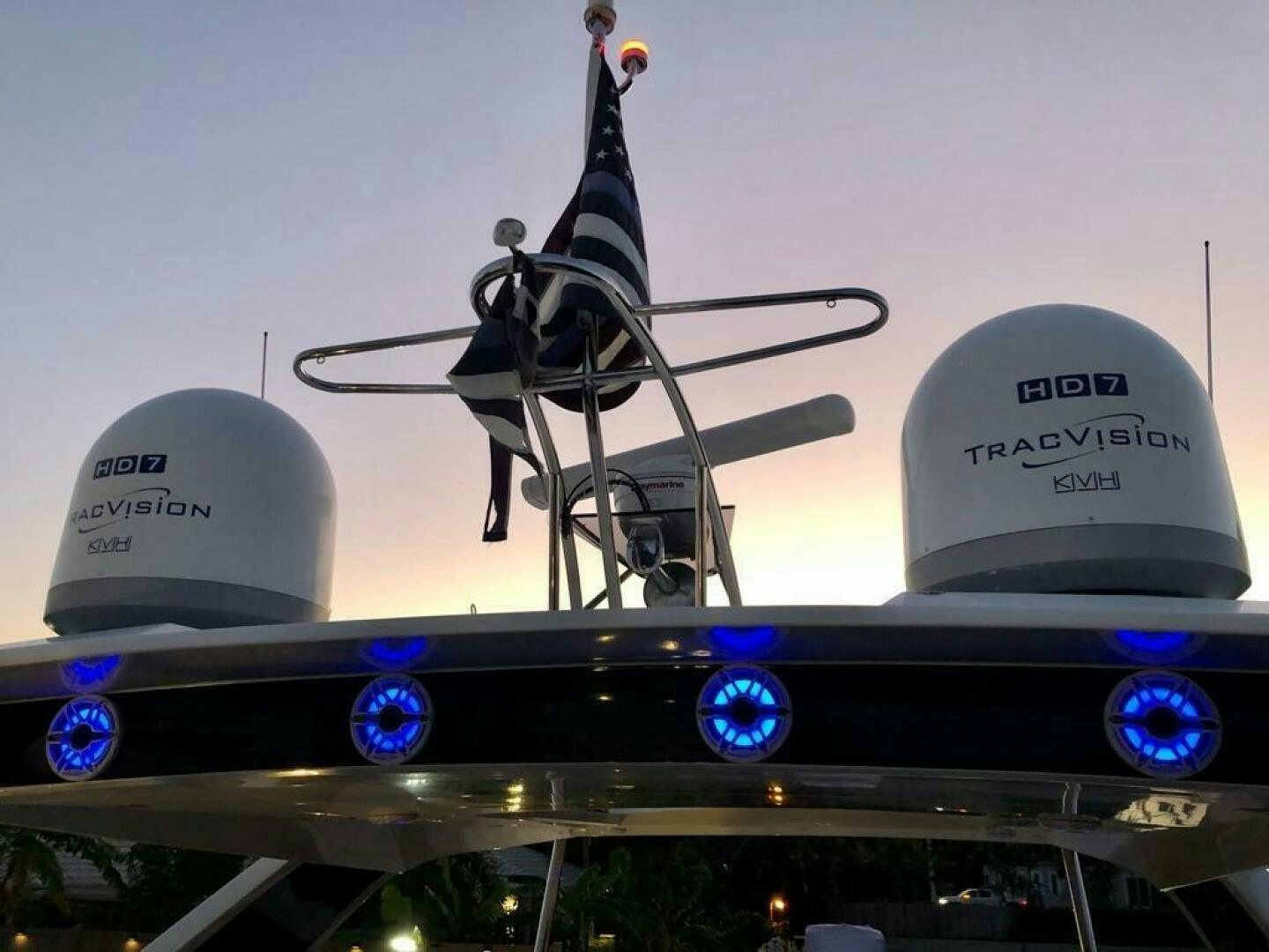 a black and blue object with a white tower on top aboard GODSPEED Yacht for Sale