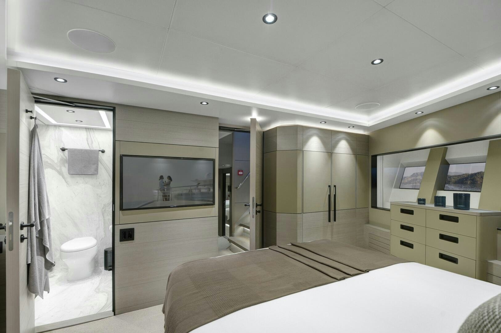 a bathroom with a large mirror aboard PICCOLO Yacht for Sale