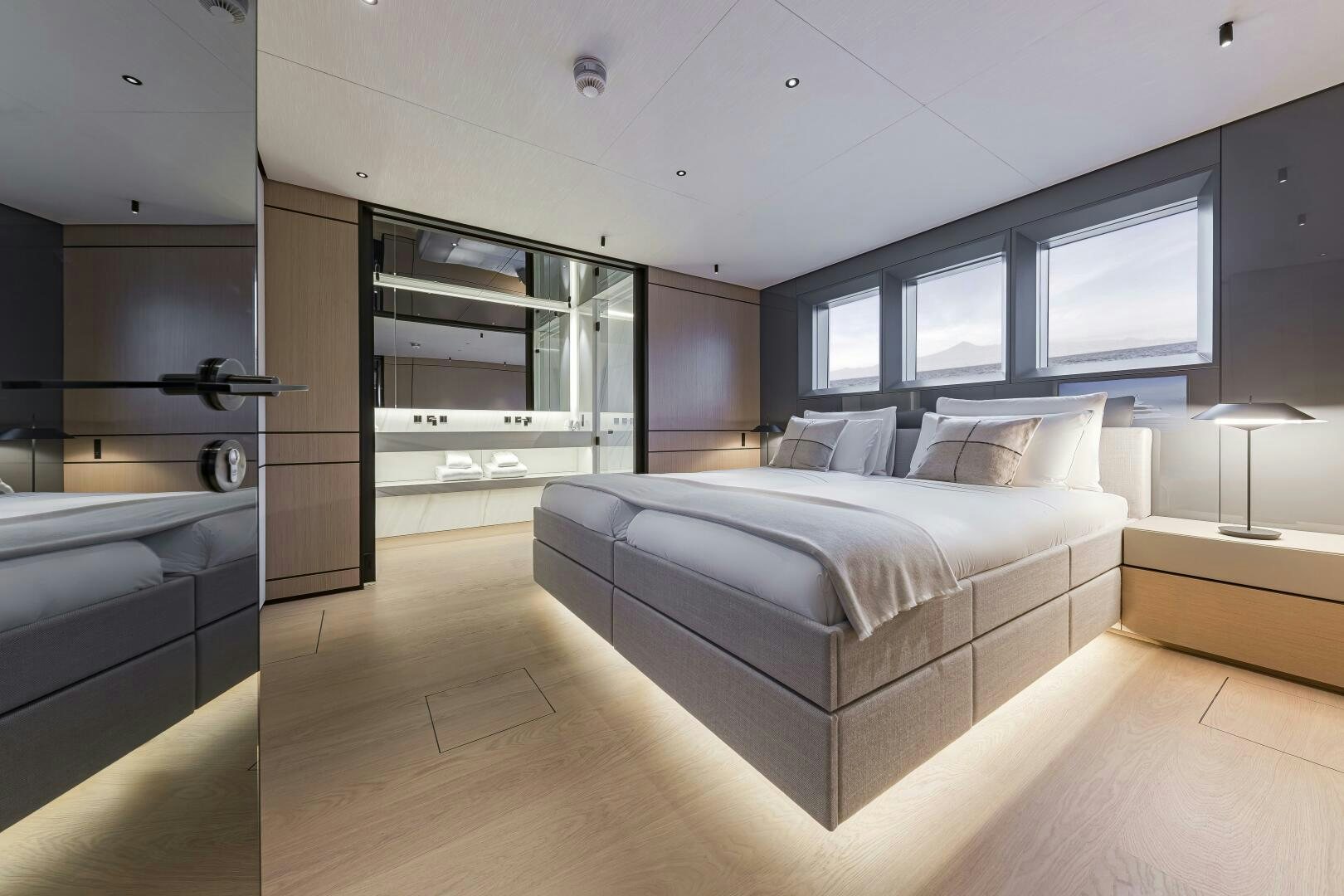 a room with a bed and a window aboard CONRAD C144S HULL 4 Yacht for Sale