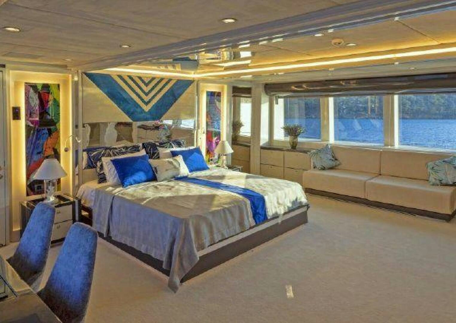 a couple of beds in a room aboard VETRO Yacht for Sale