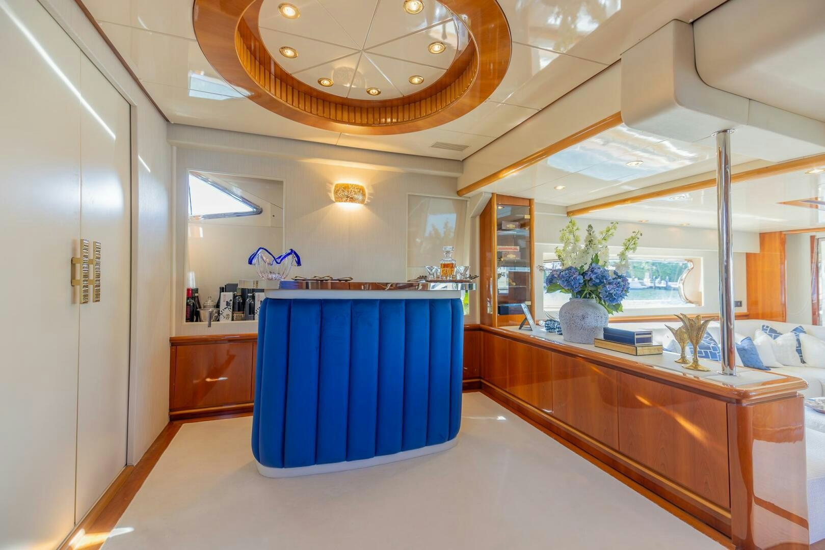 a large kitchen with a blue counter aboard BOULOS Yacht for Sale