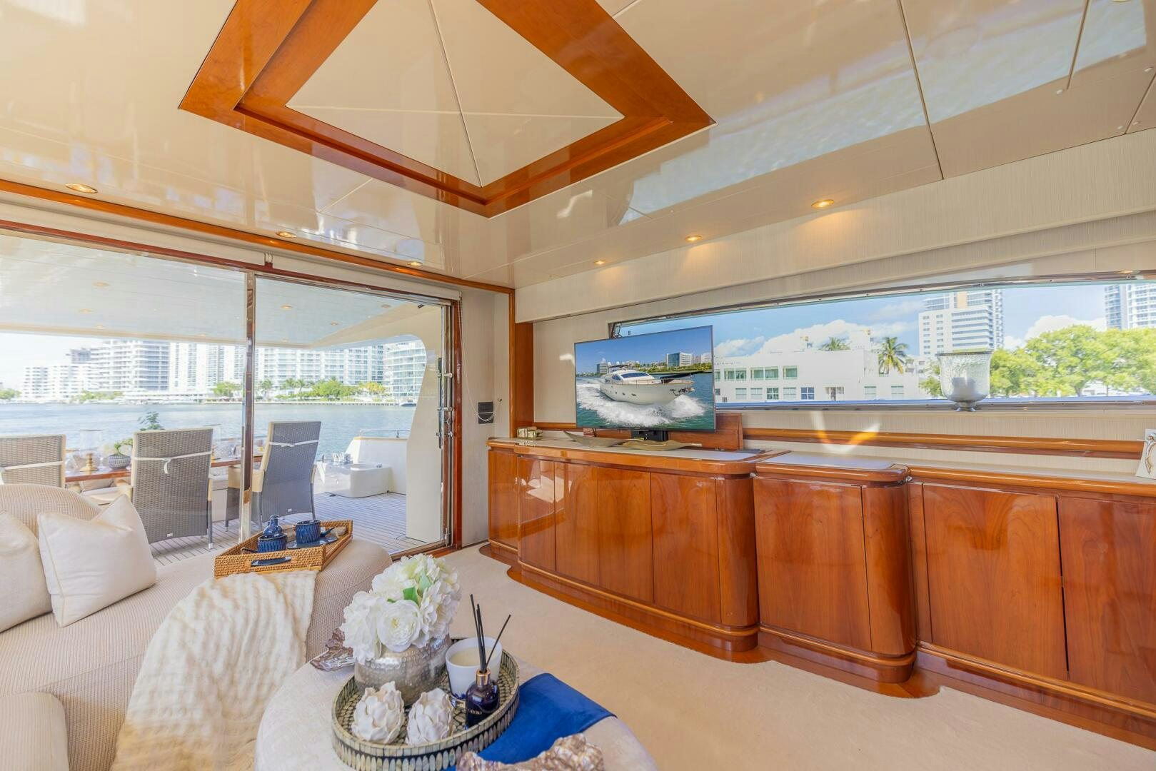 a living room with a large window aboard BOULOS Yacht for Sale