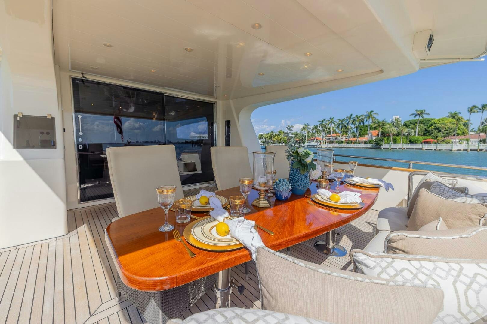 a dining room with a large balcony aboard BOULOS Yacht for Sale