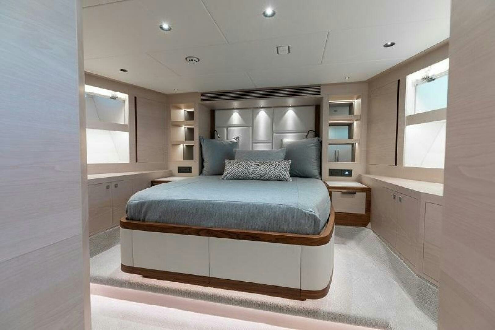 a bed in a room aboard WIGGLE ROOM Yacht for Sale