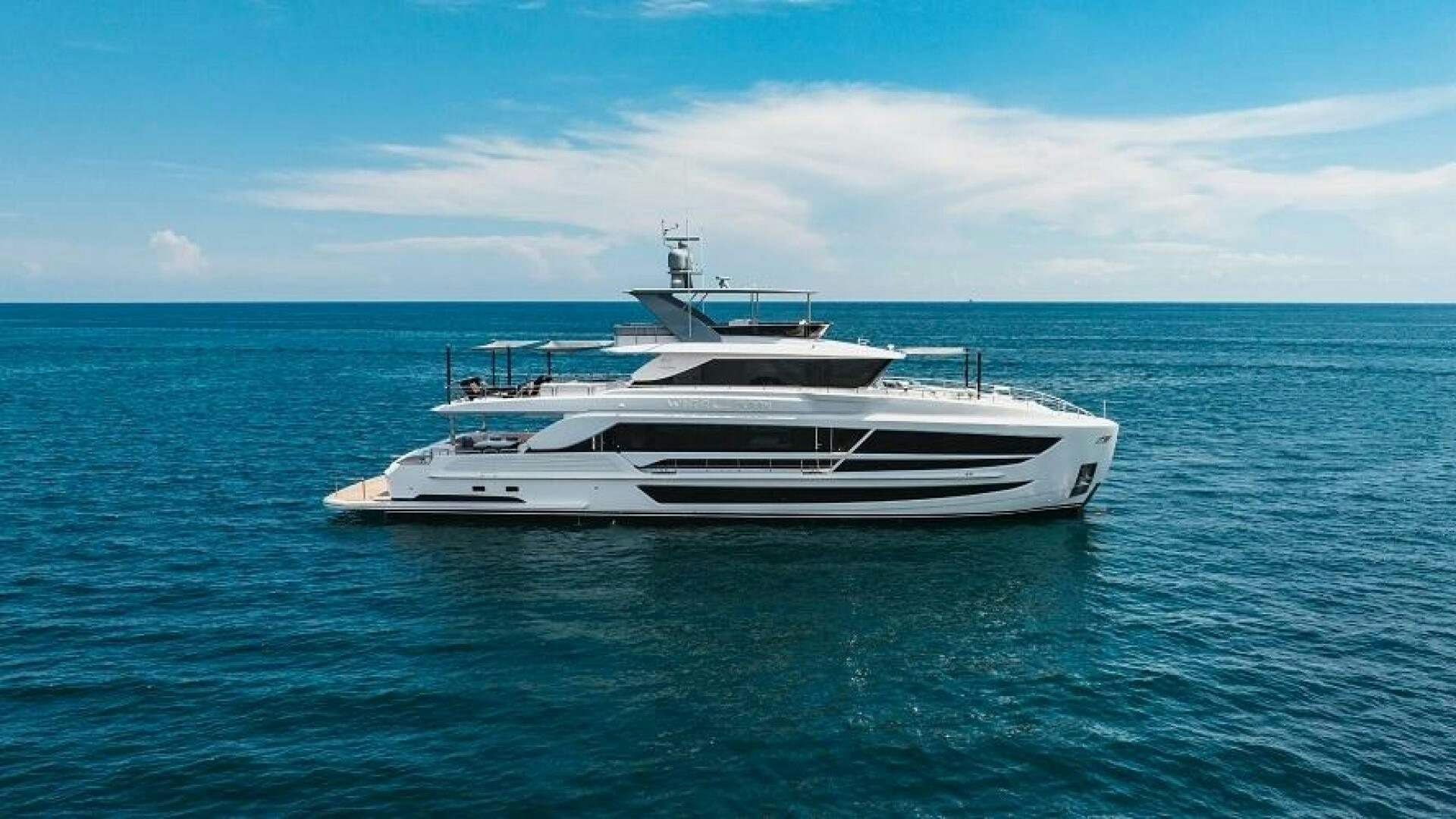 a white yacht in the ocean aboard WIGGLE ROOM Yacht for Sale