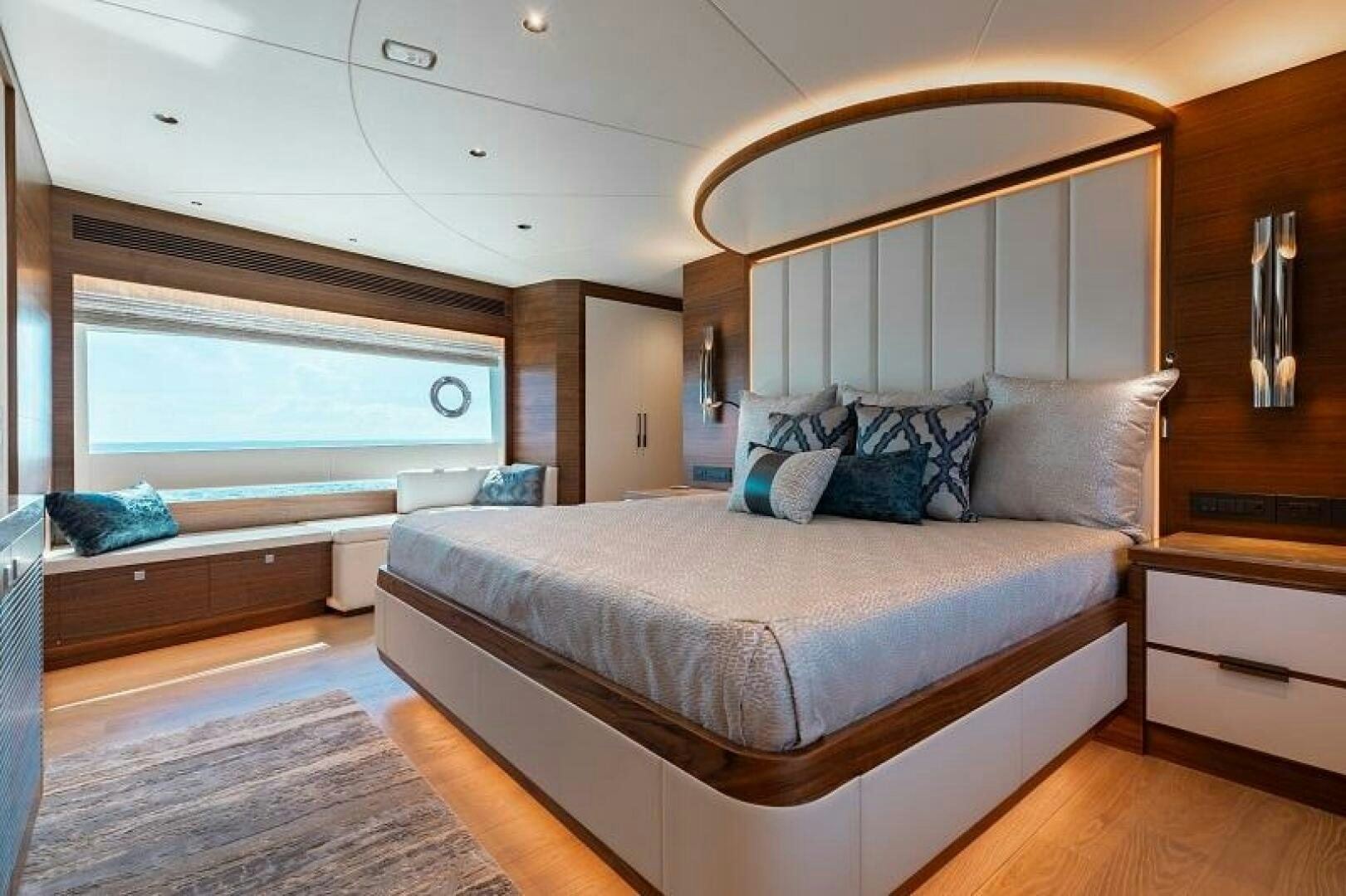 a bed in a room aboard WIGGLE ROOM Yacht for Sale
