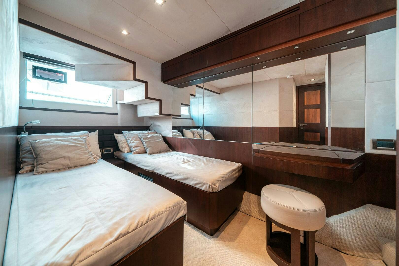 a room with two beds aboard OPTIMUS PRIME Yacht for Sale
