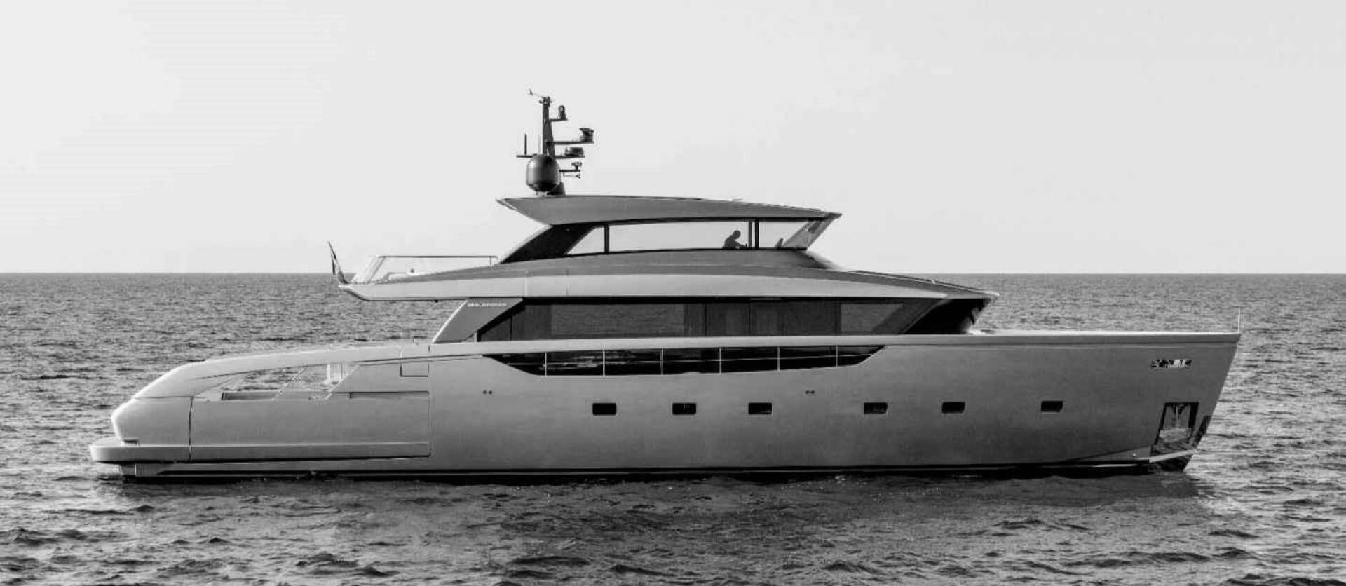 a black and white photo of a boat on the water aboard SX100 Yacht for Sale