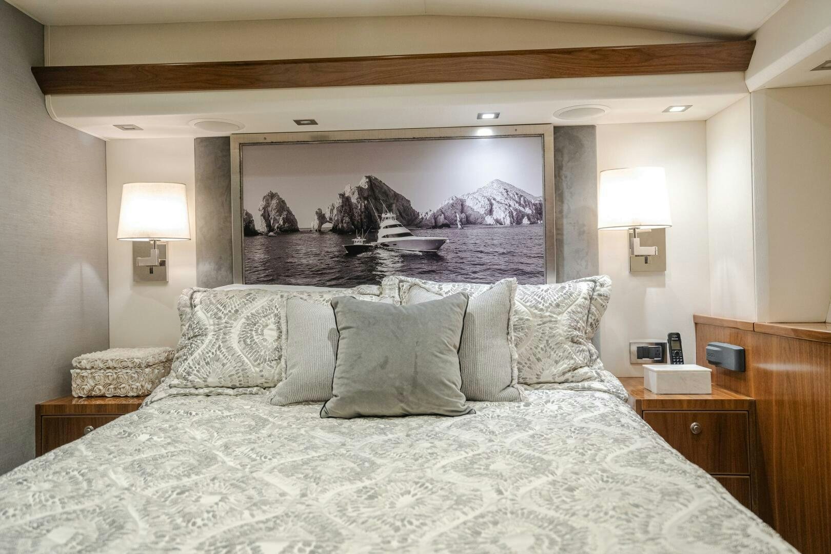 a bed with pillows aboard HOORAY Yacht for Sale