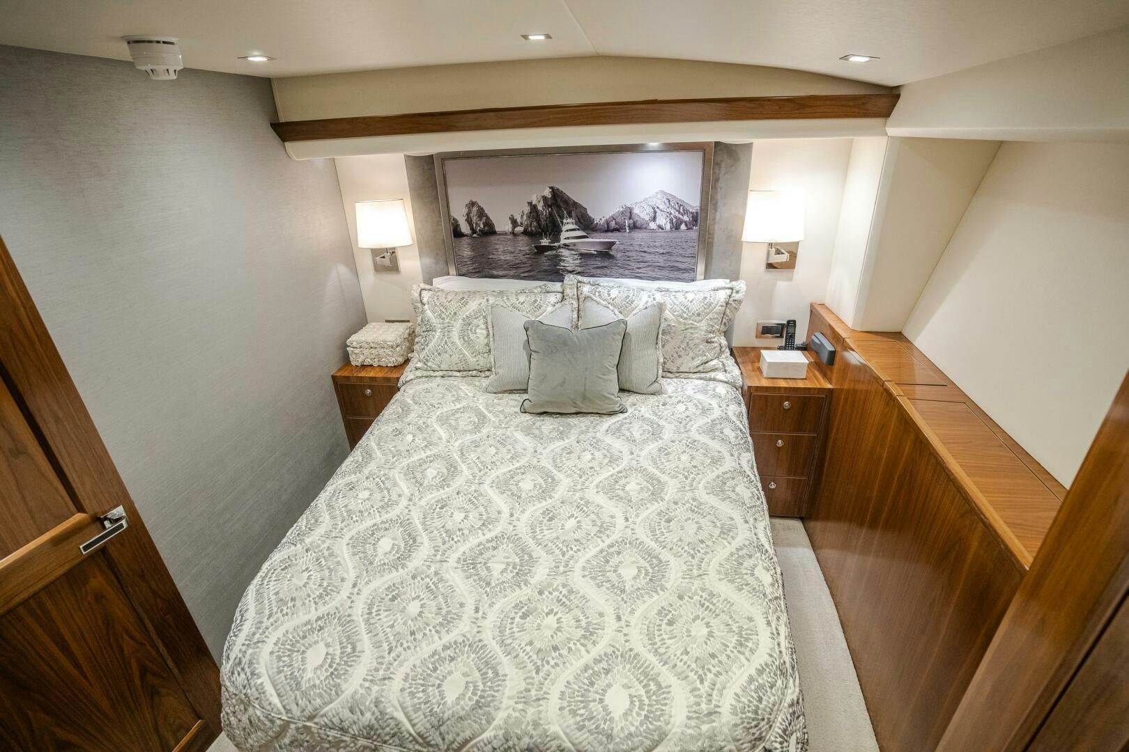 a bed with white sheets aboard HOORAY Yacht for Sale