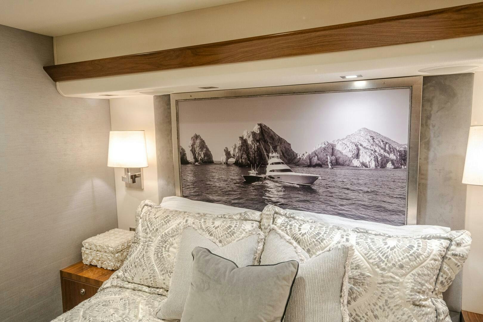 a bed with a blackboard aboard HOORAY Yacht for Sale