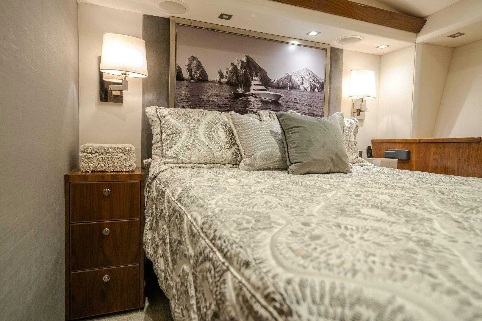 a bed with white sheets aboard HOORAY Yacht for Sale