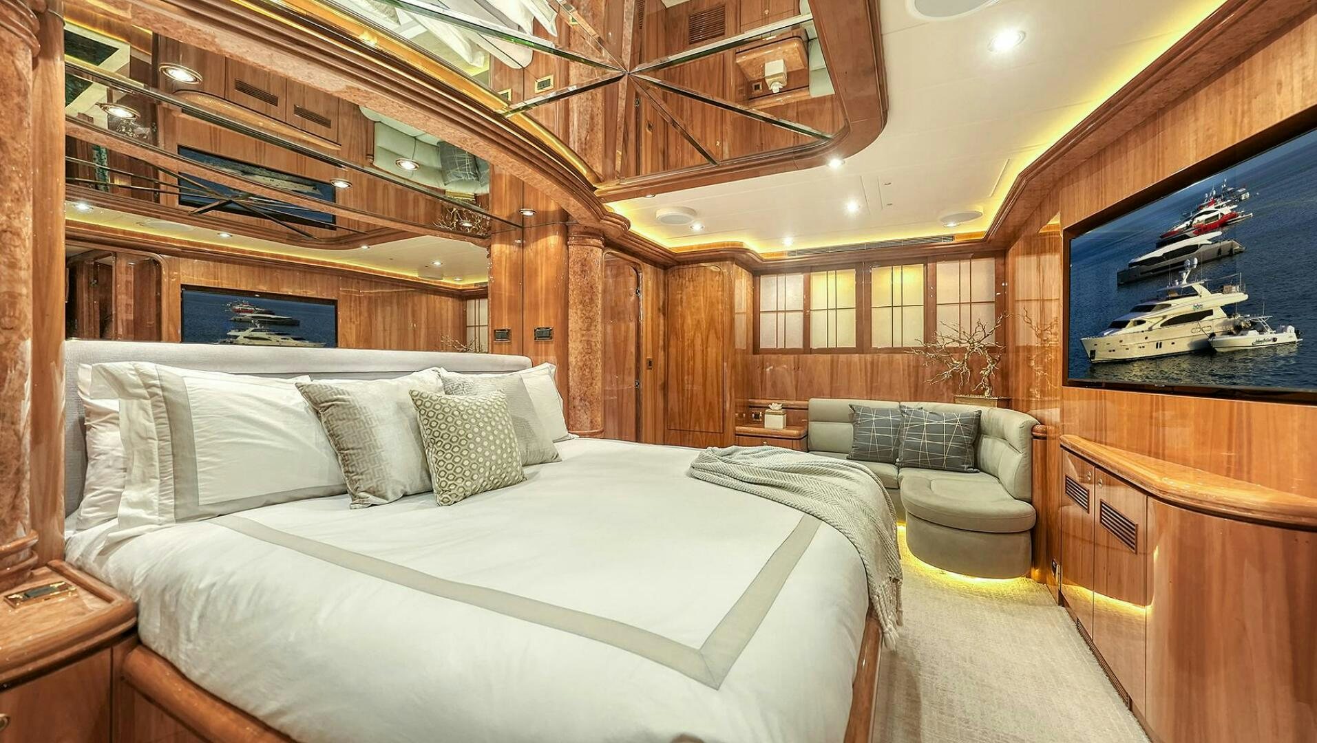 a bed in a room aboard FANTASEA Yacht for Sale