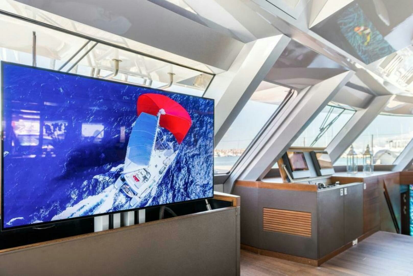 a large screen in a building aboard MOUSETRAP Yacht for Sale