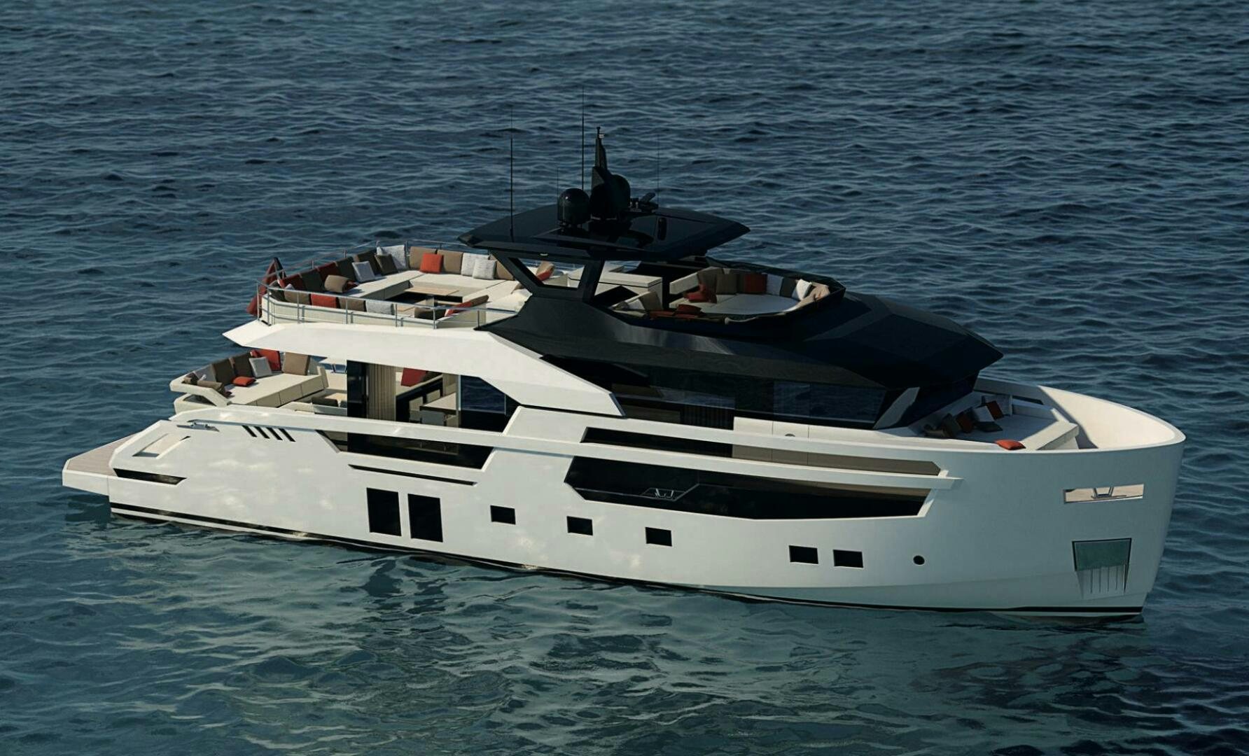 a white and black boat in the water aboard TRIBALE YACHTS 80 Yacht for Sale