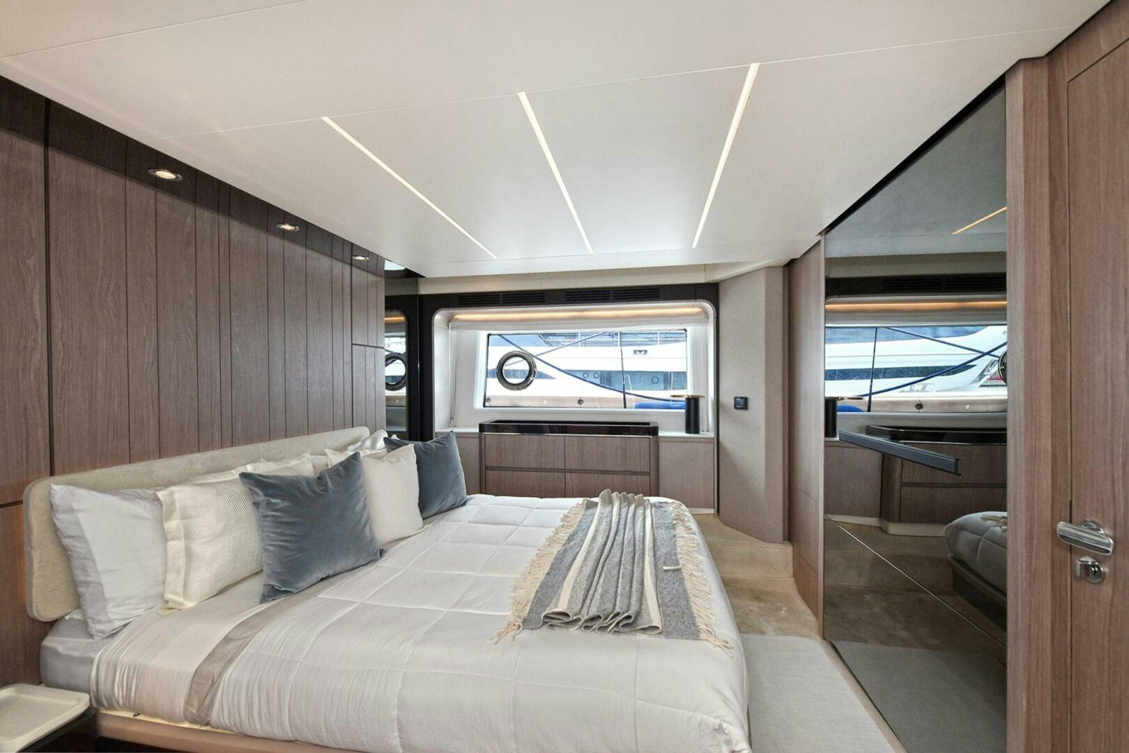 a bed in a room aboard SLAINTE Yacht for Sale