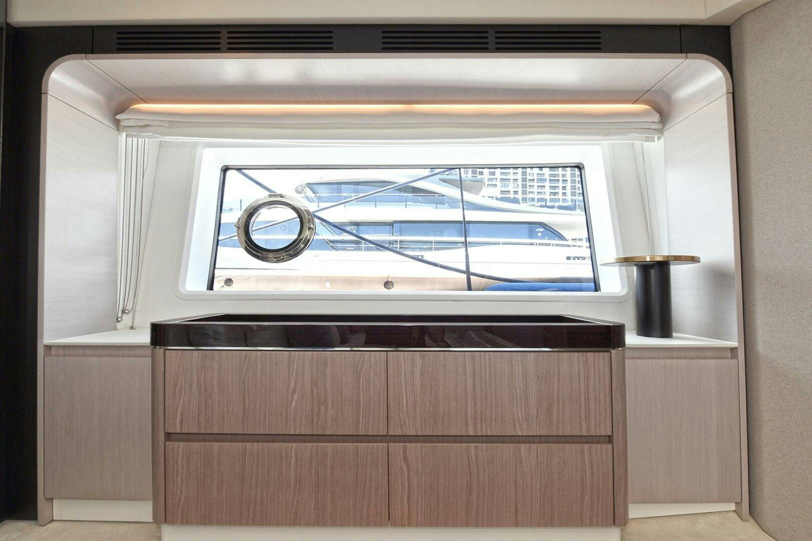 a large glass window in a kitchen aboard SLAINTE Yacht for Sale