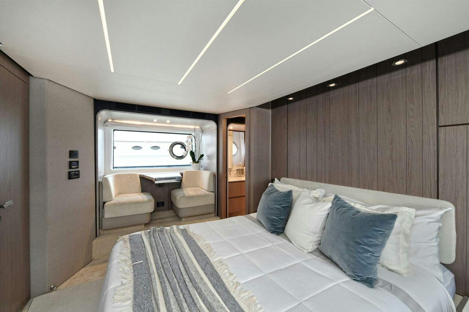 a bed in a room aboard SLAINTE Yacht for Sale