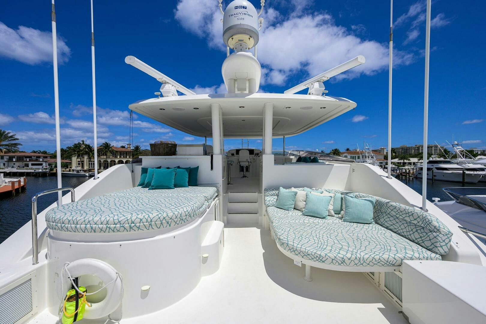 a white satellite dish on a white roof aboard FIRST LIGHT Yacht for Sale