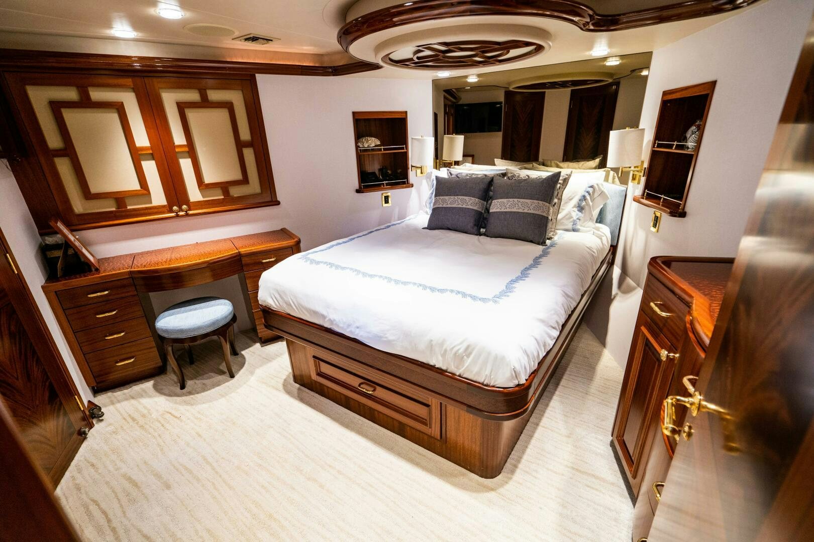 a large bedroom with a large bed aboard FIRST LIGHT Yacht for Sale