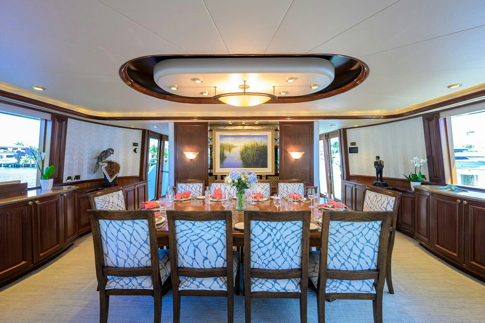 a large dining table in a large kitchen aboard FIRST LIGHT Yacht for Sale