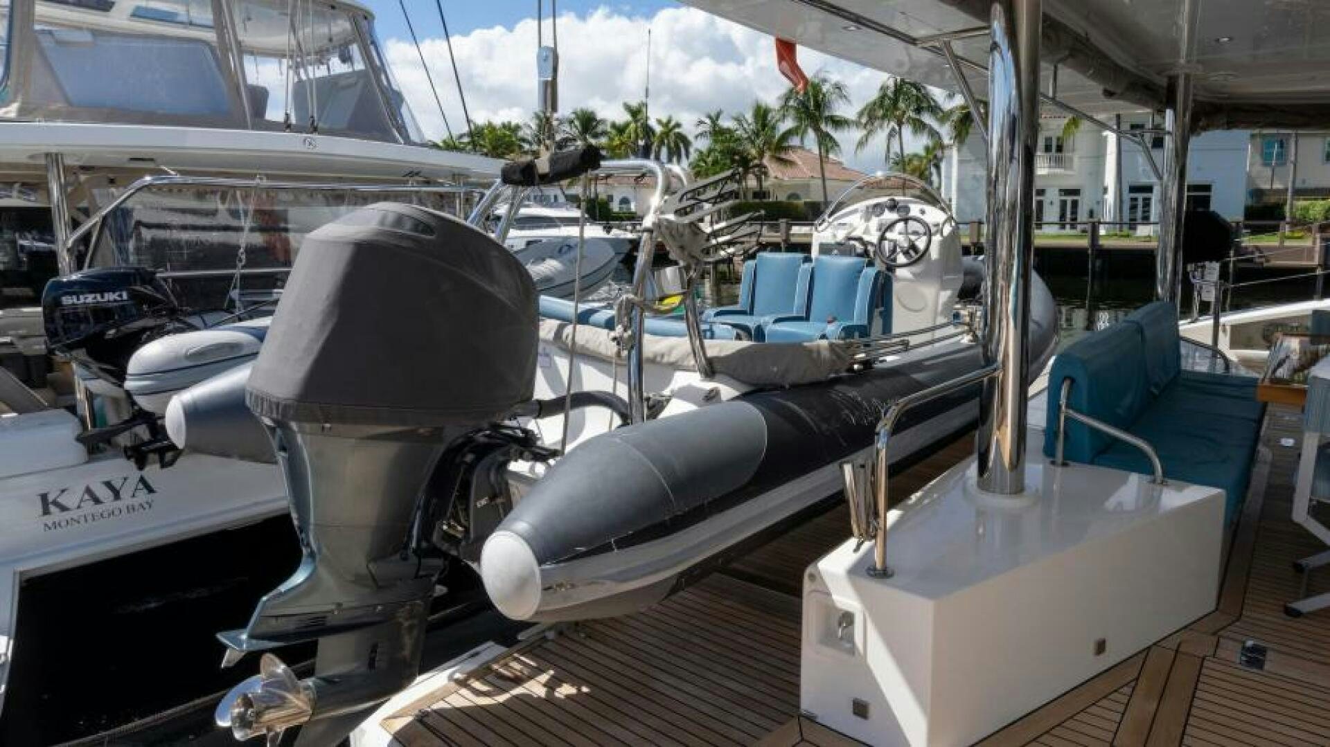 a white boat with a metal propeller aboard WILDBERRY Yacht for Sale