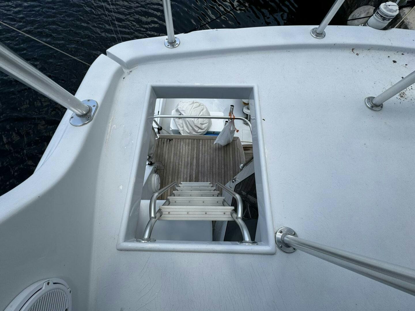 a white car with a stop light aboard MRS. Z Yacht for Sale