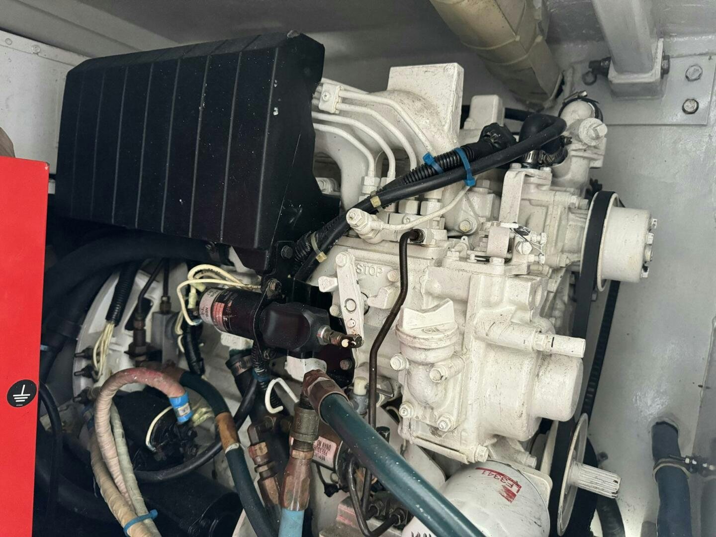 a machine with a large group of pipes and wires aboard MRS. Z Yacht for Sale