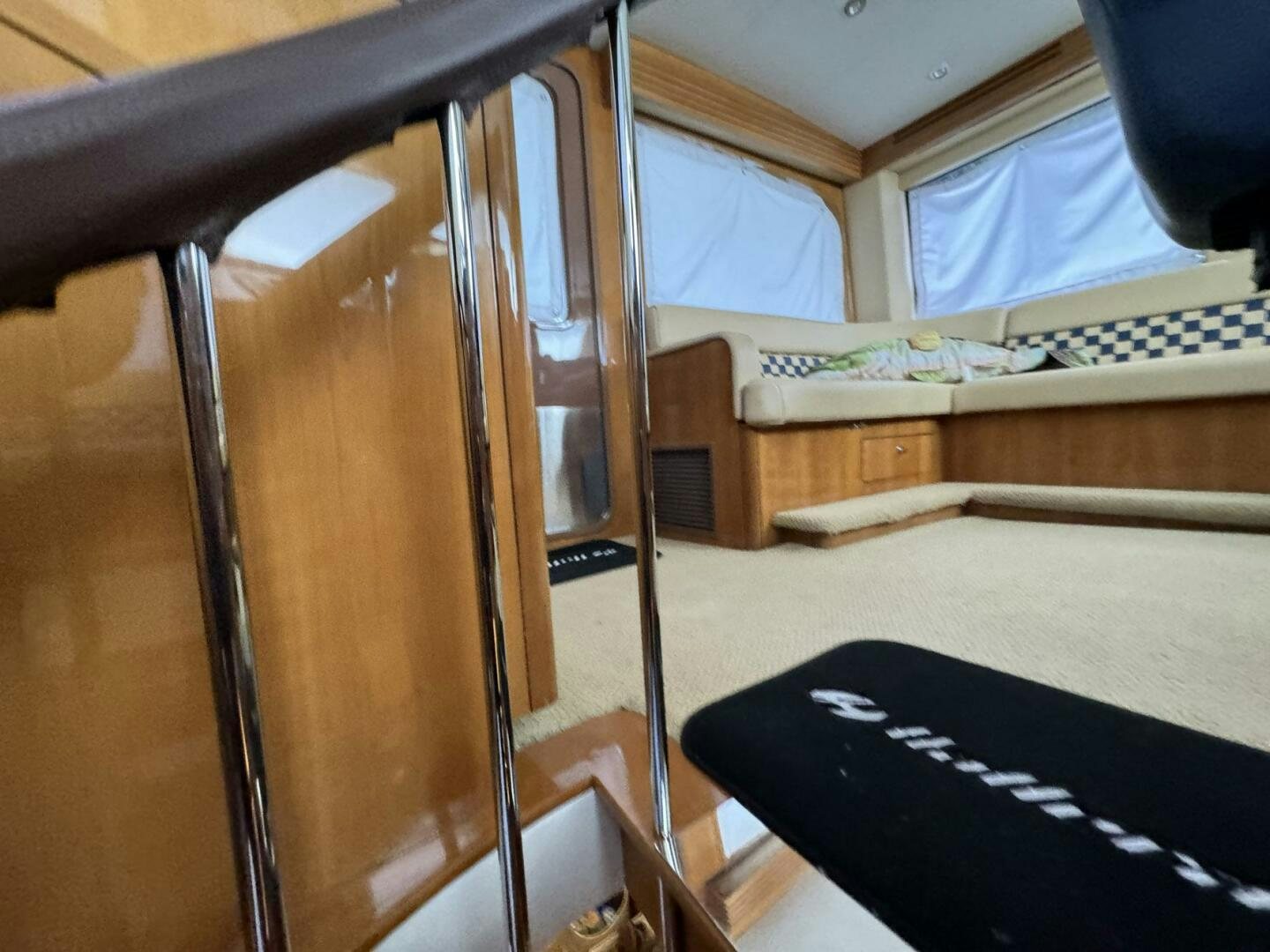 a wooden box on a table aboard MRS. Z Yacht for Sale