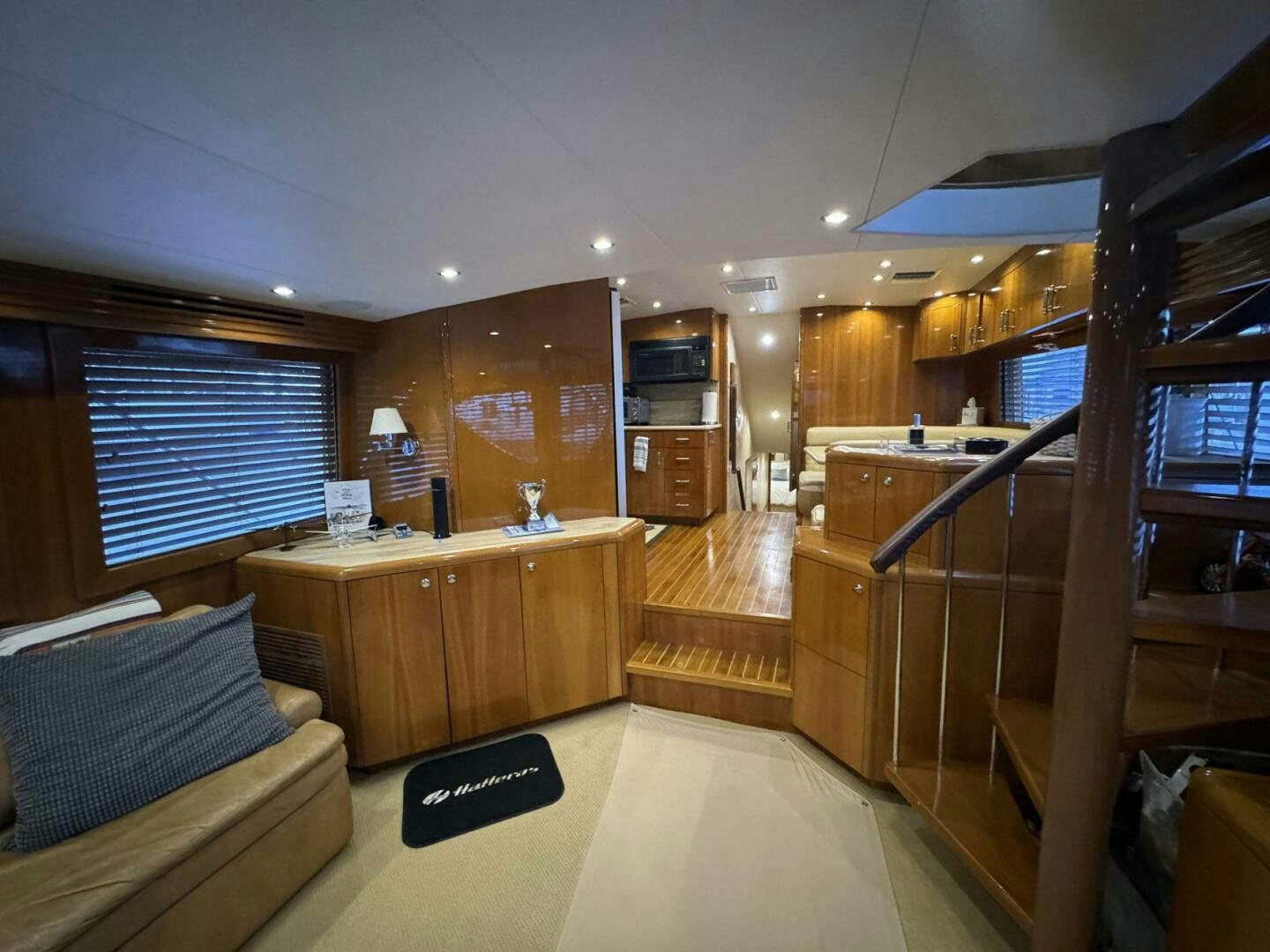 a room with a couch and a table aboard MRS. Z Yacht for Sale