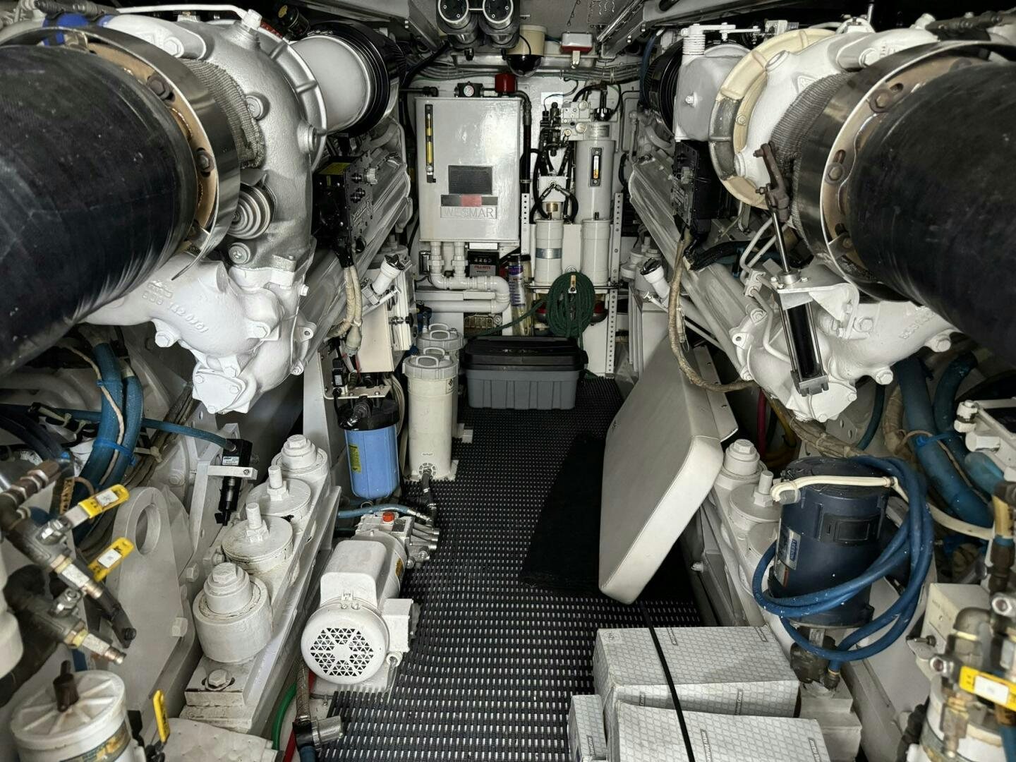 a room full of white and blue machinery aboard MRS. Z Yacht for Sale