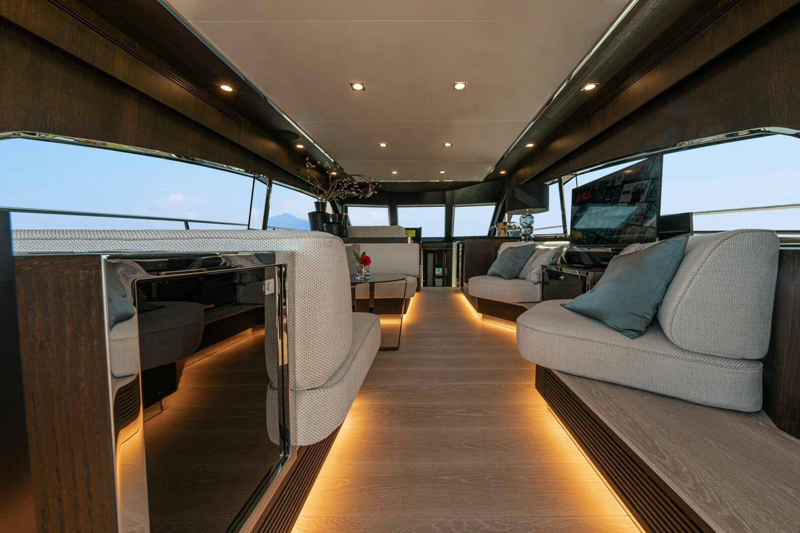 inside of a vehicle with a large window and a wood floor aboard JUST THE TWO OF US Yacht for Sale