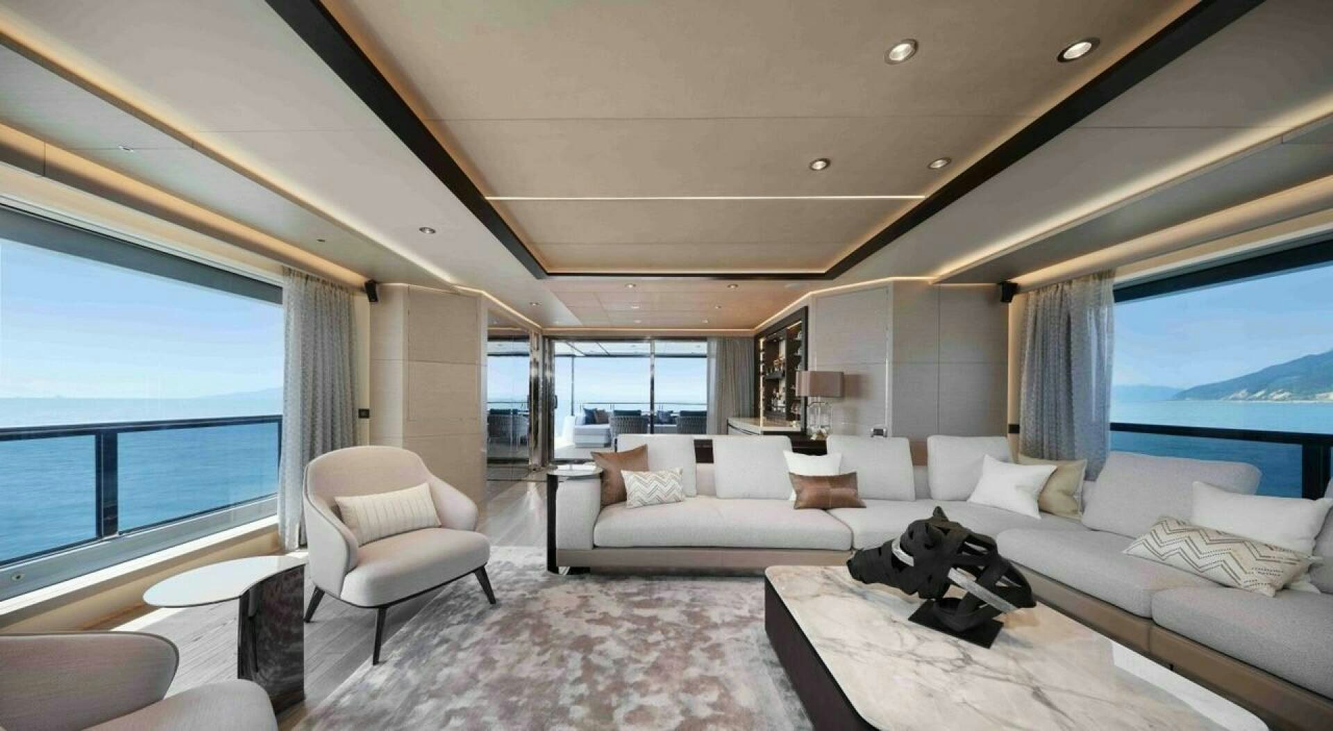 a large room with a bed and a large window aboard PANTERA 44 Yacht for Sale