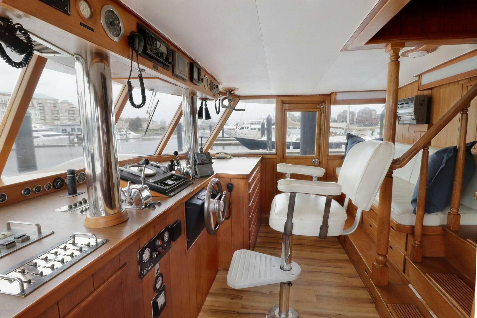 a boat with a large kitchen and dining area aboard PIONEER Yacht for Sale