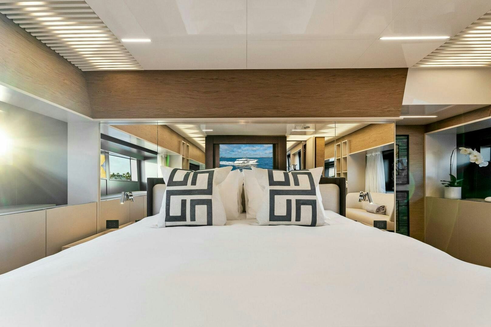 a large bed in a room aboard SILHOUETTE Yacht for Sale