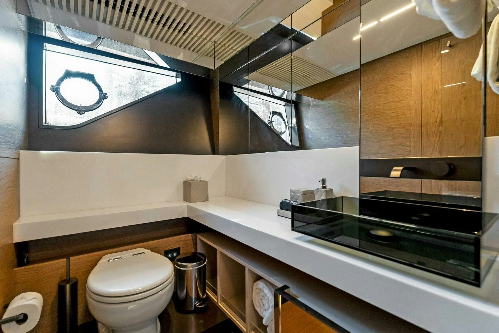 a bathroom with a large window aboard SILHOUETTE Yacht for Sale