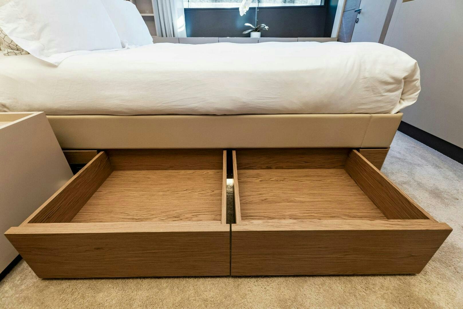 a wooden box on a bed aboard SILHOUETTE Yacht for Sale