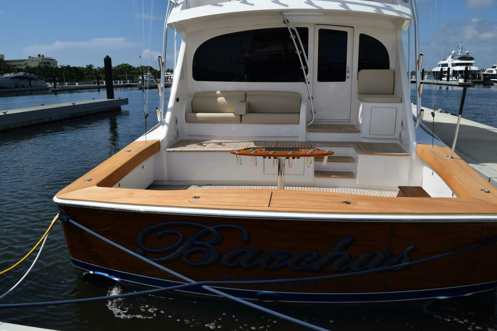 a boat tied to a dock aboard BACCHUS Yacht for Sale