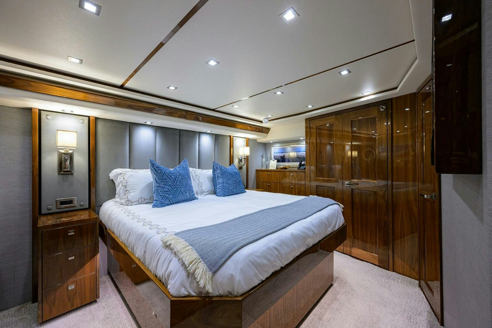 a bed in a room aboard BACCHUS Yacht for Sale
