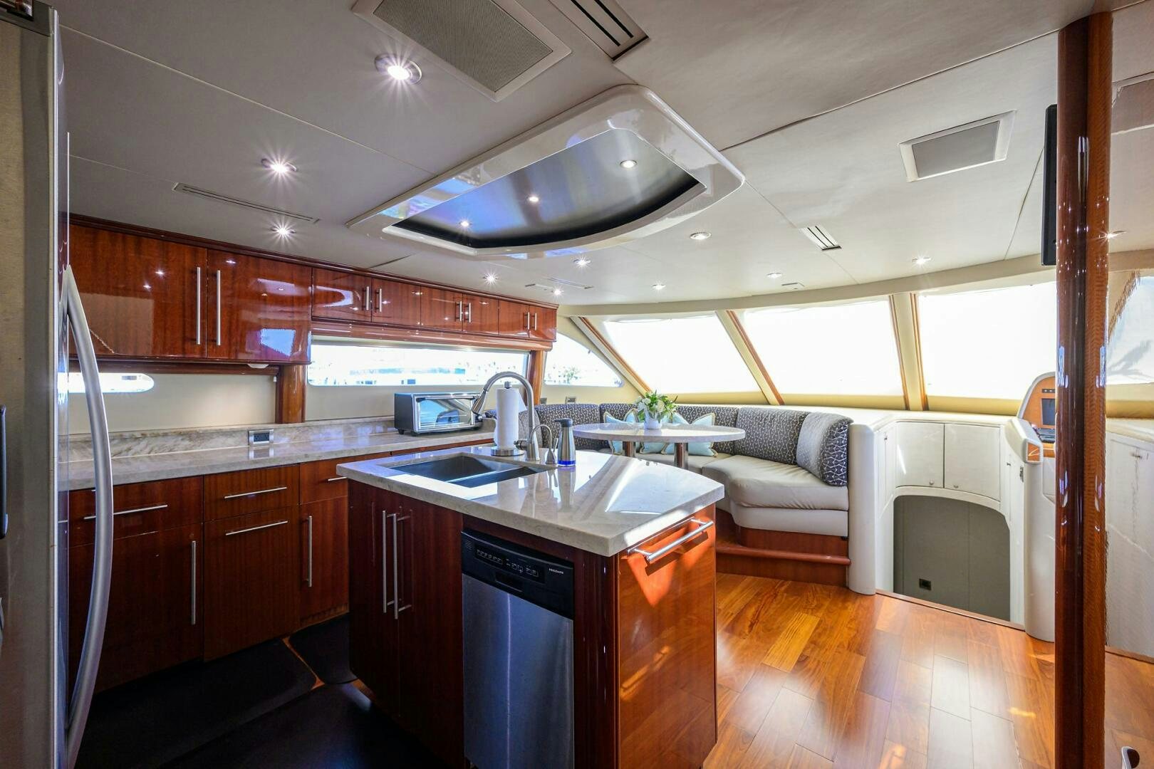 a kitchen with a ceiling fan aboard ALWAYS BAREFOOT Yacht for Sale